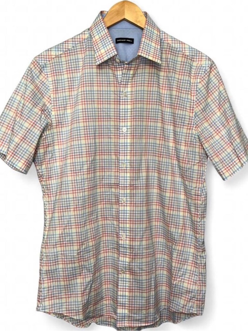 Zachary Prell Short Sleeve Plaid Button Down Shirt Mens Small Blue Red Tan